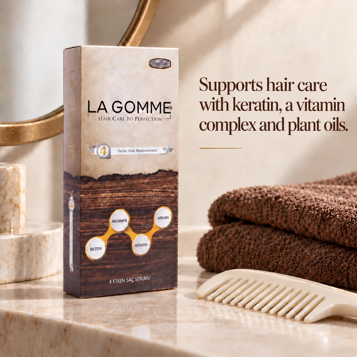4 Factor — Serum — Supports hair care with keratin, a vitamin complex and plant oils.