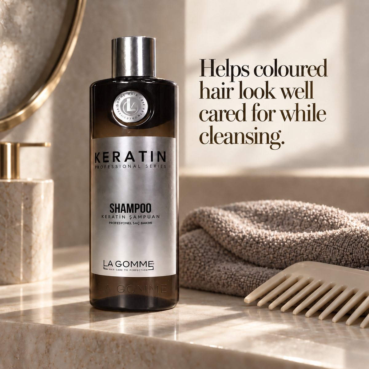 Keratin — Shampoo — Helps coloured hair look well cared for while cleansing.