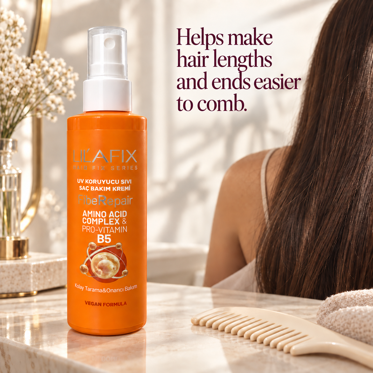 FibeRepair — UV Protective Liquid Hair Conditioner — Helps make hair lengths and ends easier to comb.