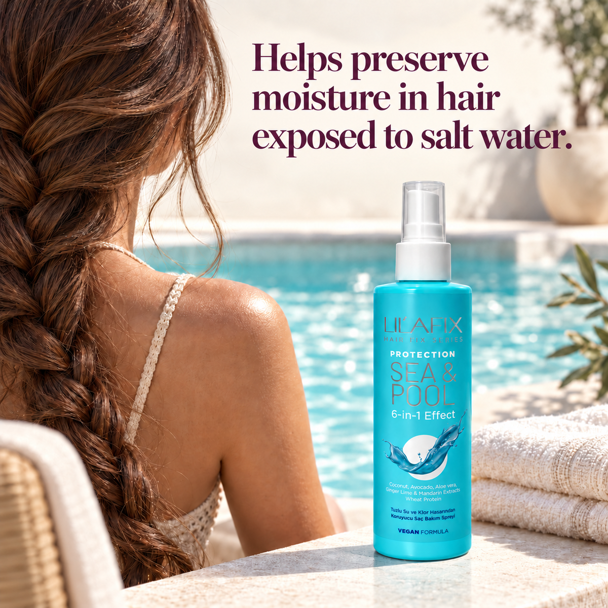 Sea & Pool — Protective Hair Spray for Sea and Pool — Helps preserve moisture in hair exposed to salt water.