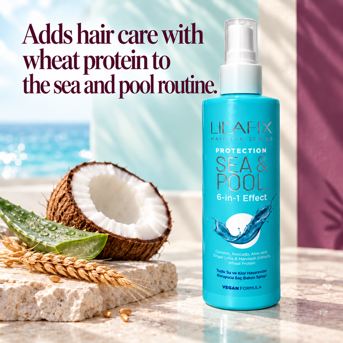 Sea & Pool — Protective Hair Spray for Sea and Pool — Adds hair care with wheat protein to the sea and pool routine.
