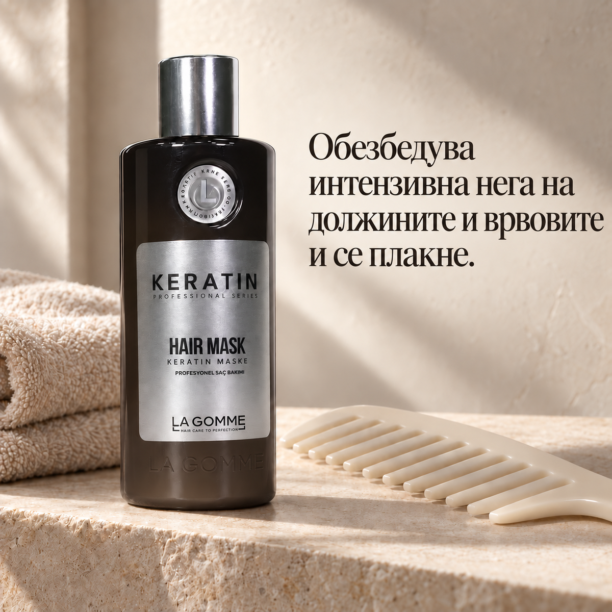 Keratin — маска — Обезбедува интензивна нега на должините и врвовите и се плакне.