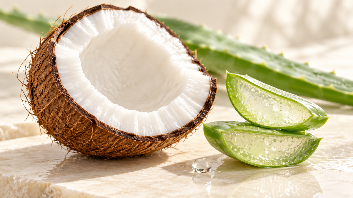 Hindistan cevizi ve şeffaf jelli aloe vera kesitleri