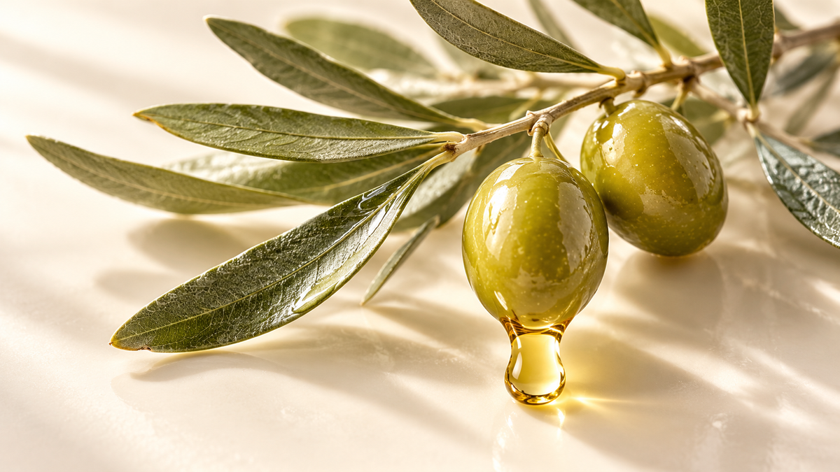 Olive leaves, olives and a golden oil droplet