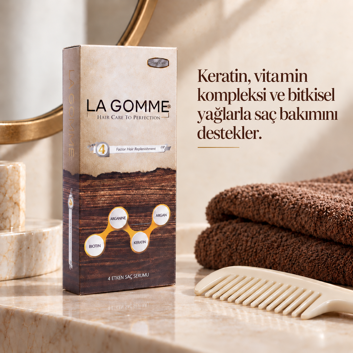 4 Factor — Serum — Keratin, vitamin kompleksi ve bitkisel yağlarla saç bakımını destekler.