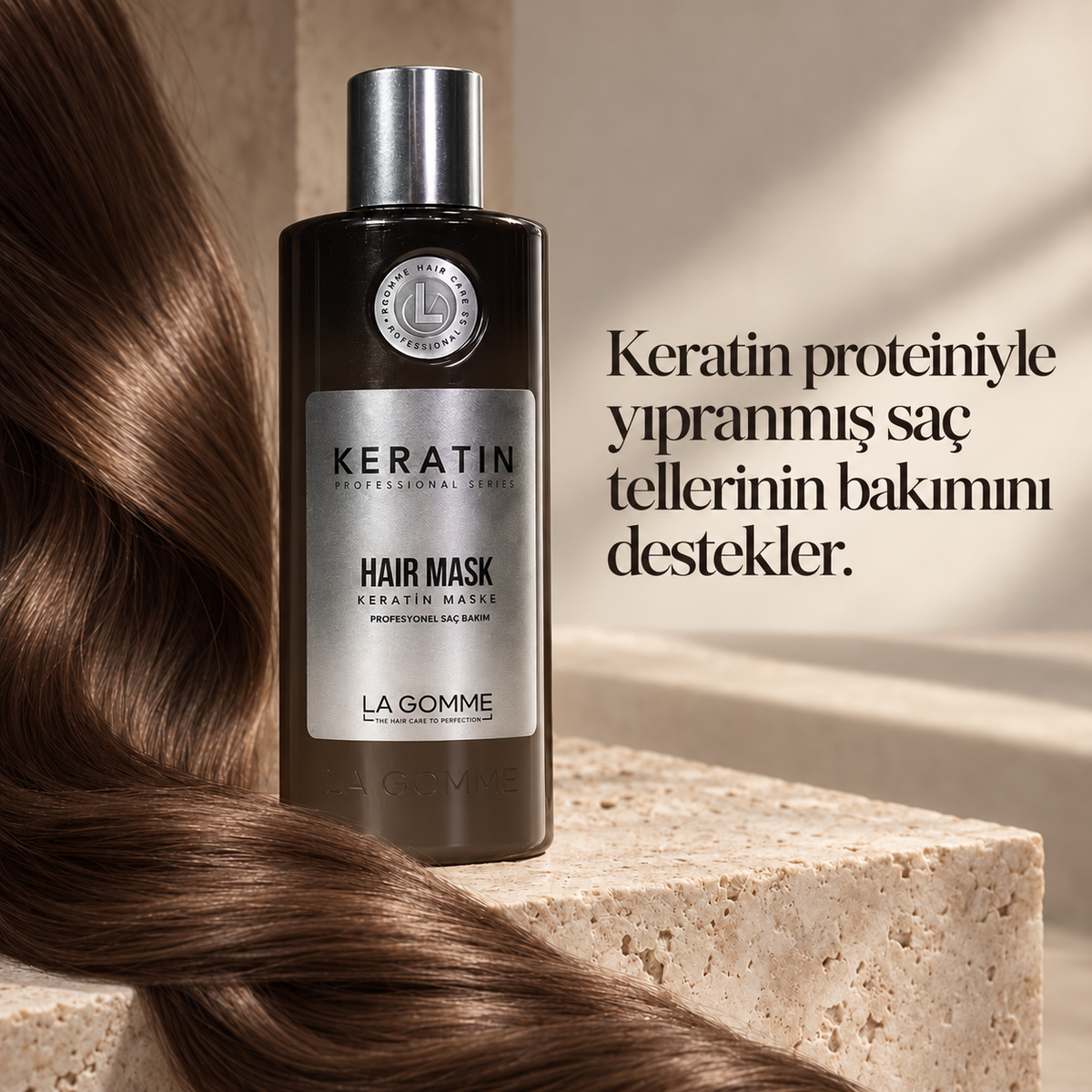 Keratin — Maske — Keratin proteiniyle yıpranmış saç tellerinin bakımını destekler.