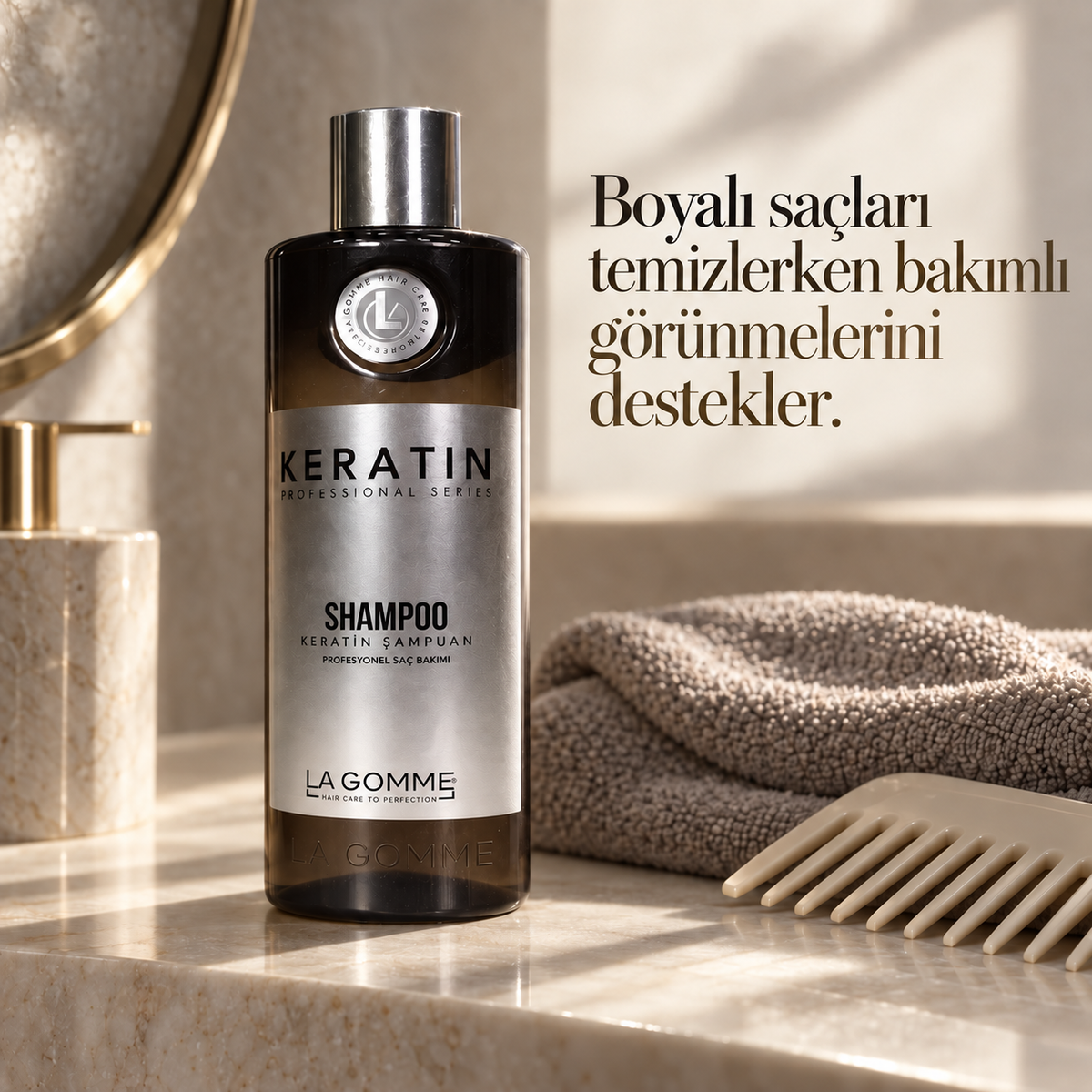 Keratin — Şampuan — Boyalı saçları temizlerken bakımlı görünmelerini destekler.