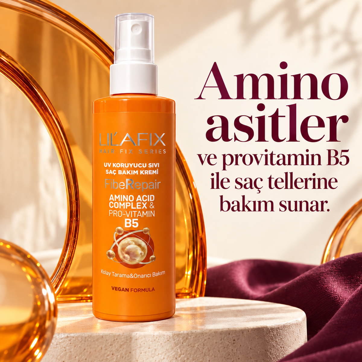 FibeRepair — UV Koruyucu Sıvı Saç Bakım Kremi — Amino asitler ve provitamin B5 ile saç tellerine bakım sunar.