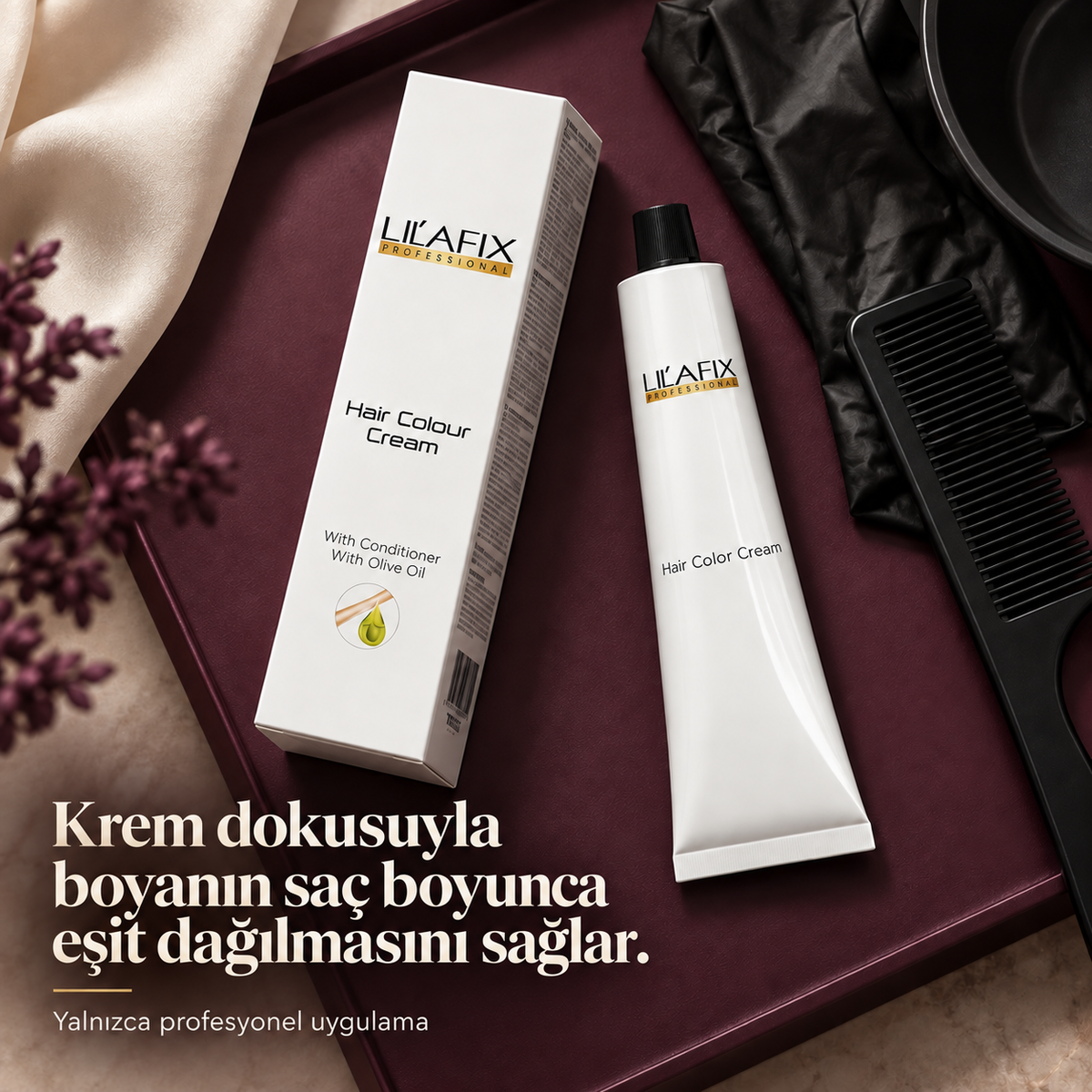 Hair Colour Cream — Saç Boyası Kremi — Krem dokusuyla boyanın saç boyunca eşit dağılmasını sağlar.