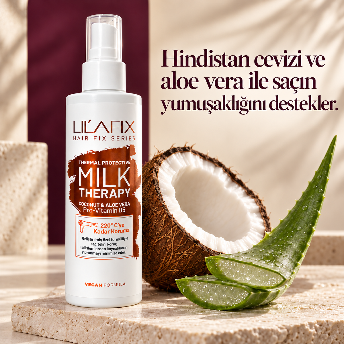 Milk Therapy — Isı Koruyucu Saç Bakım Sütü — Hindistan cevizi ve aloe vera ile saçın yumuşaklığını destekler.