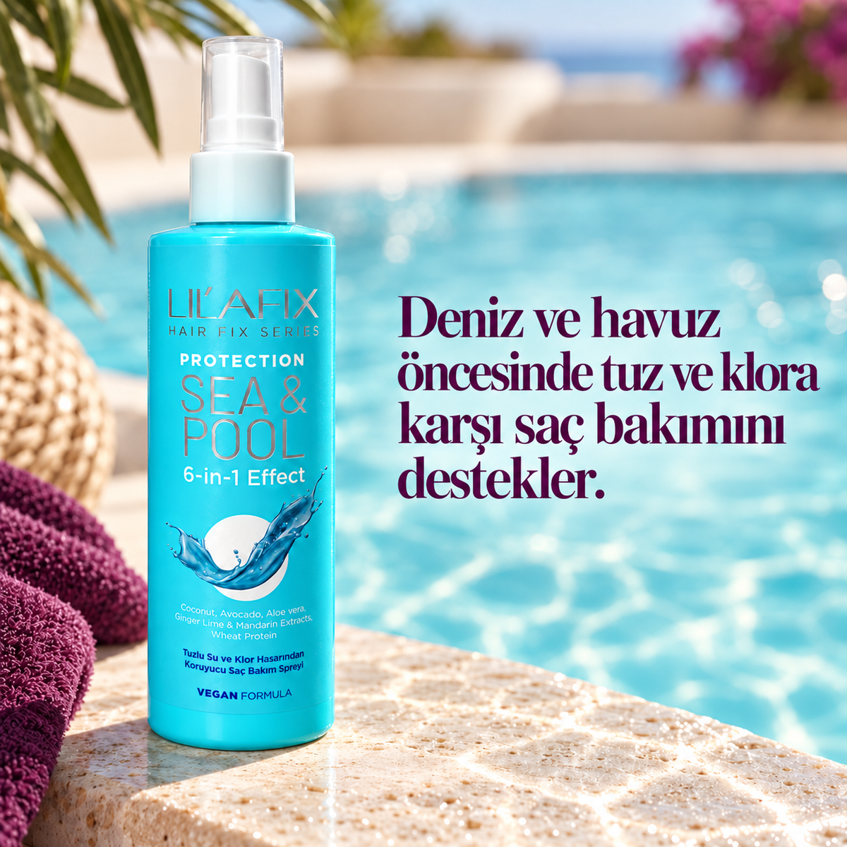 Sea & Pool — Deniz ve Havuz Öncesi Koruyucu Saç Spreyi — Deniz ve havuz öncesinde tuz ve klora karşı saç bakımını destekler.