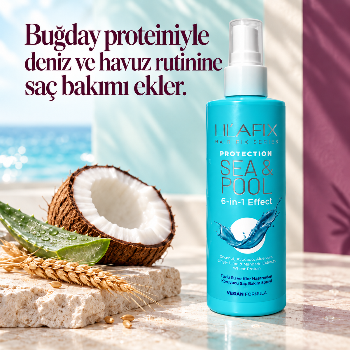 Sea & Pool — Deniz ve Havuz Öncesi Koruyucu Saç Spreyi — Buğday proteiniyle deniz ve havuz rutinine saç bakımı ekler.