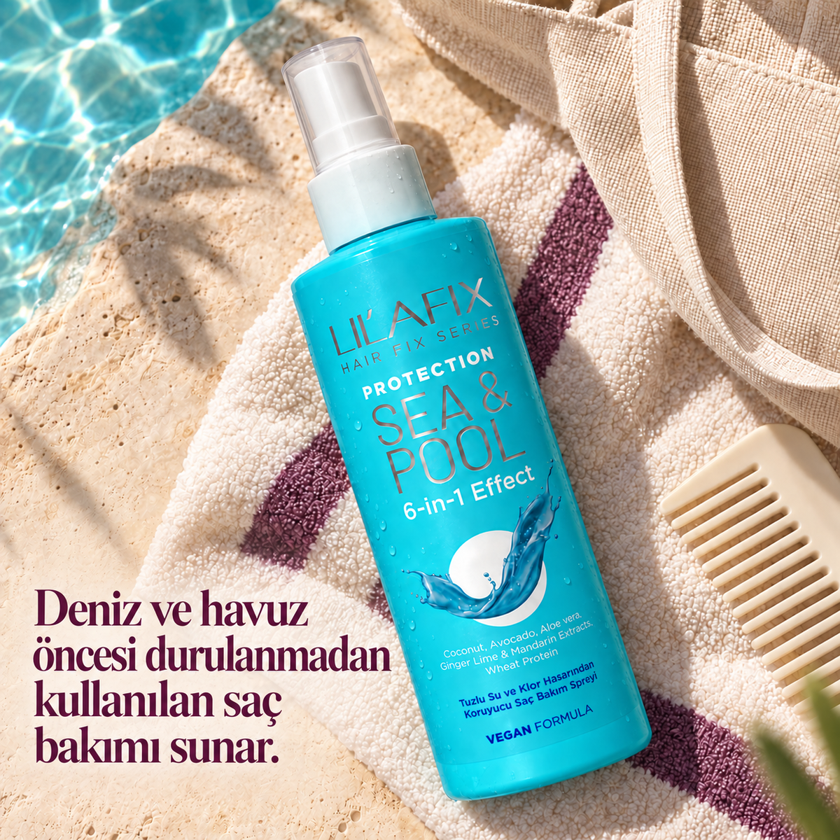 Sea & Pool — Deniz ve Havuz Öncesi Koruyucu Saç Spreyi — Deniz ve havuz öncesi durulanmadan kullanılan saç bakımı sunar.