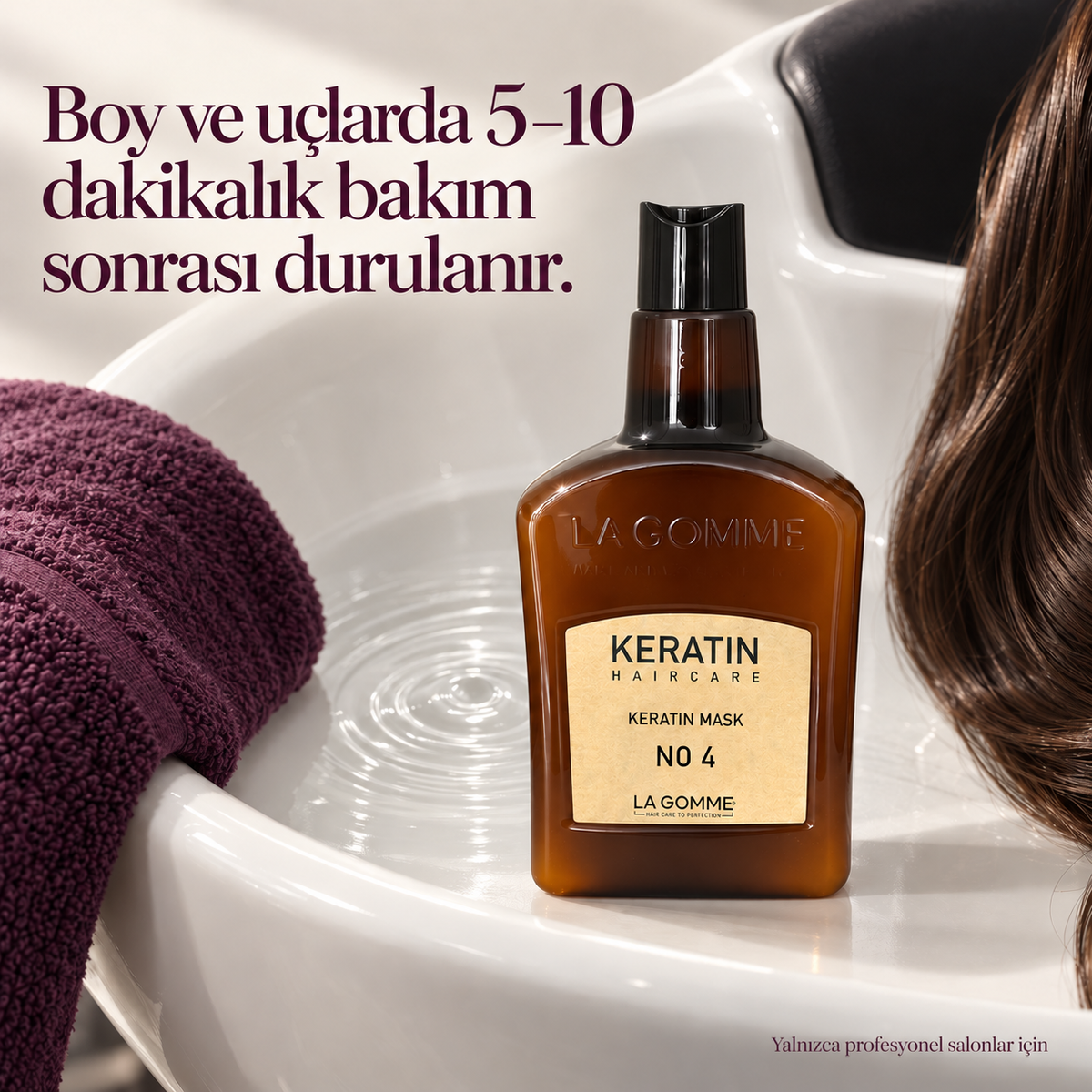 La Gomme Keratin Maske No. 4 — Boy ve uçlarda 5–10 dakikalık bakım sonrası durulanır.