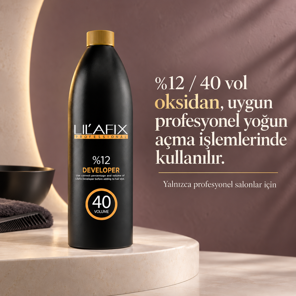 Lilafix Developer %12 — 40 vol — %12 / 40 vol oksidan, uygun profesyonel yoğun açma işlemlerinde kullanılır.