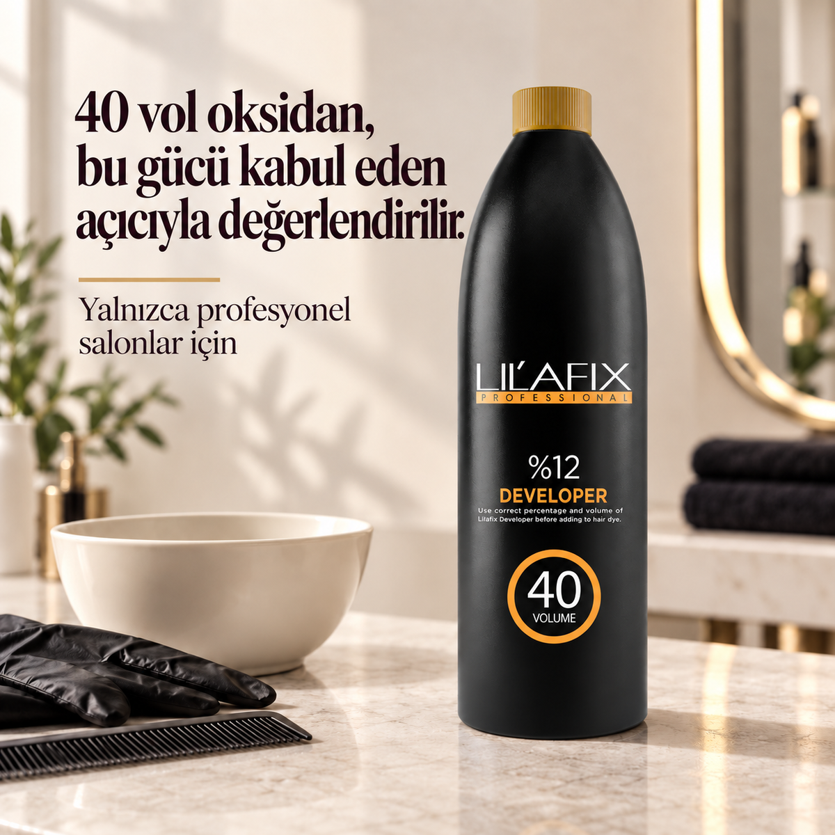 Lilafix Developer %12 — 40 vol — 40 vol oksidan, bu gücü kabul eden açıcıyla değerlendirilir.