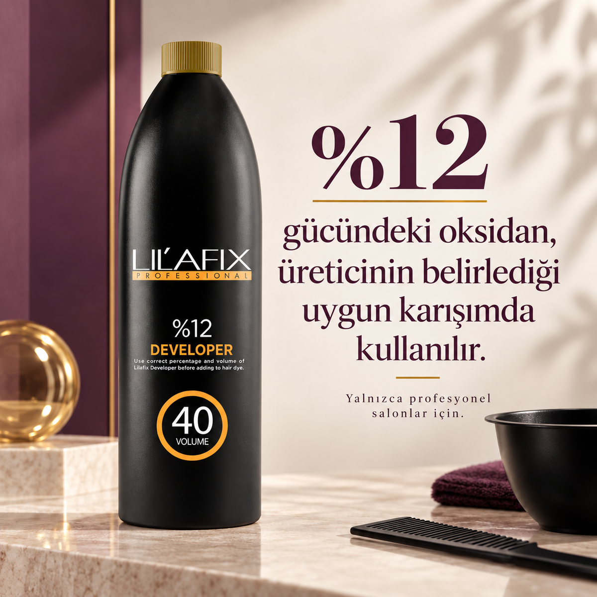 Lilafix Developer %12 — 40 vol — %12 gücündeki oksidan, üreticinin belirlediği uygun karışımda kullanılır.