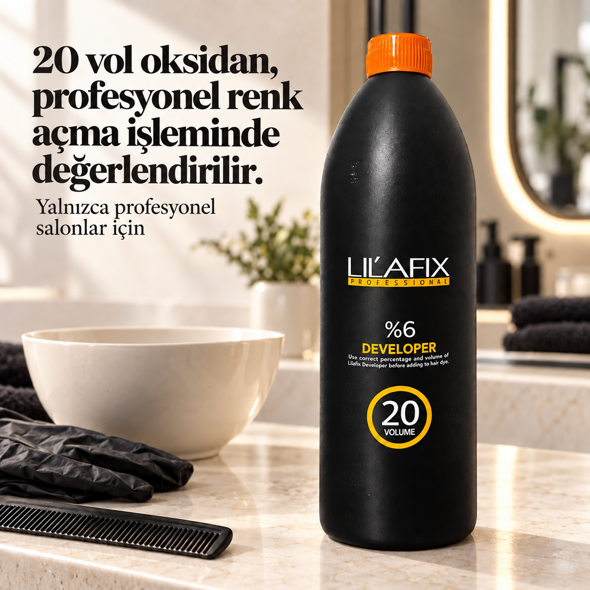 Lilafix Developer %6 — 20 vol — 20 vol oksidan, profesyonel renk açma işleminde değerlendirilir.