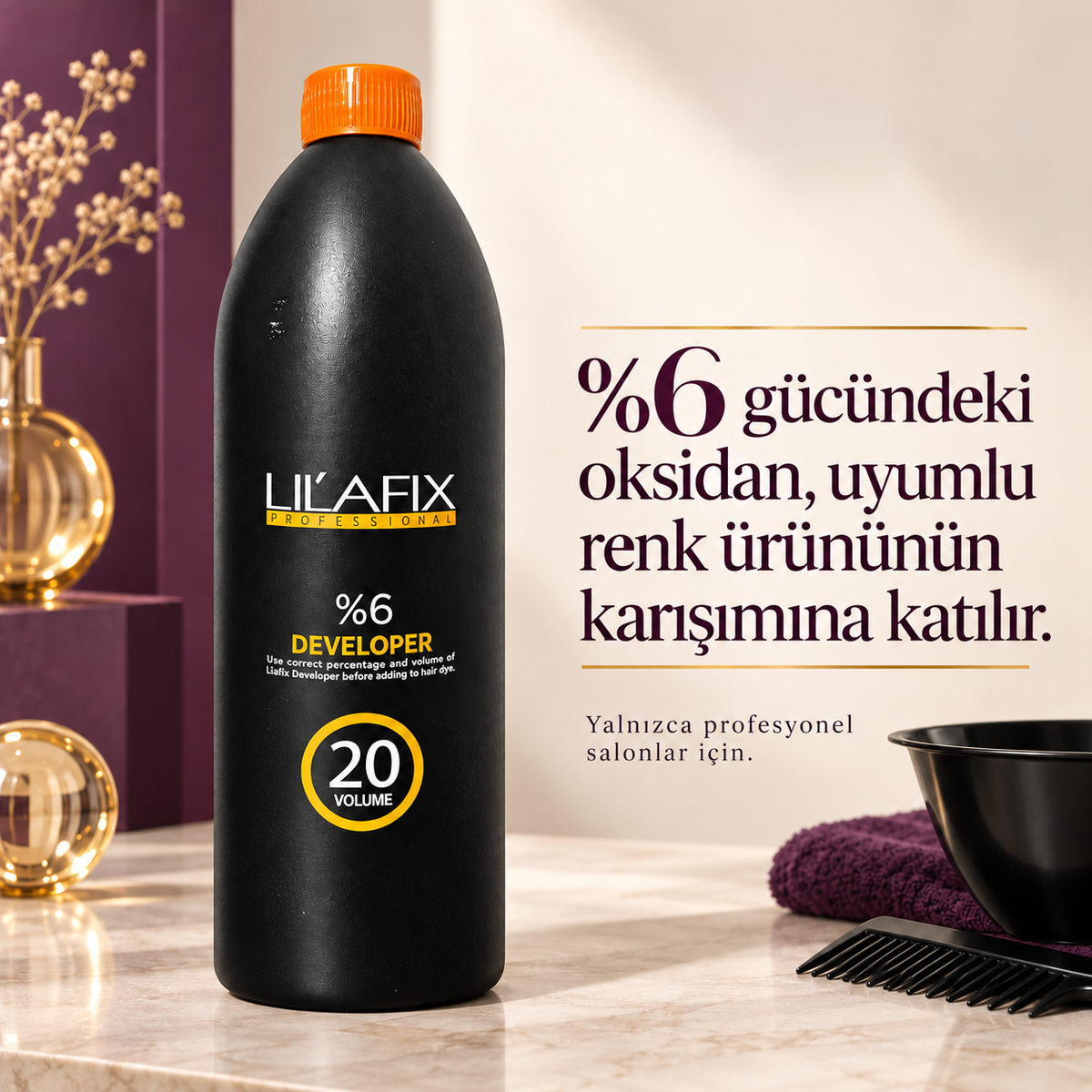 Lilafix Developer %6 — 20 vol — %6 gücündeki oksidan, uyumlu renk ürününün karışımına katılır.