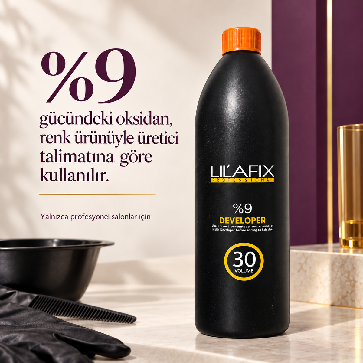 Lilafix Developer %9 — 30 vol — %9 gücündeki oksidan, renk ürünüyle üretici talimatına göre kullanılır.